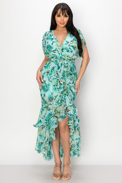 Tropical Print Chiffon Dress- Mint