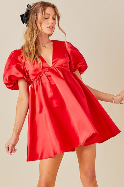 Satin Bubble Sleeve Babydoll Dress- Red