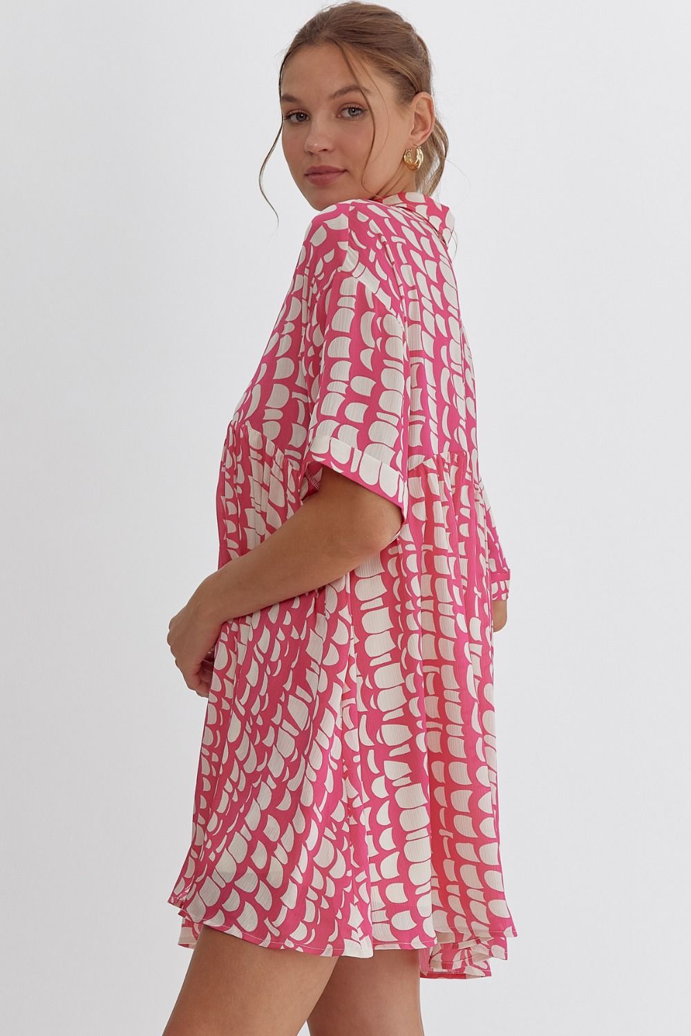 Textured Satin Print Mini Dress- Hot Pink
