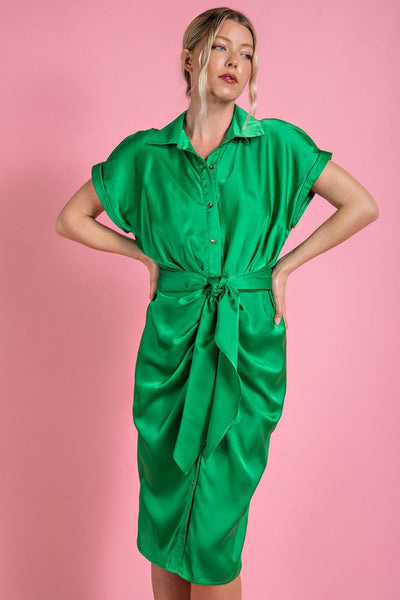 Satin Belted Shirt Dress- Kelly Green
