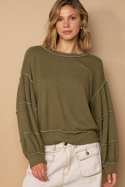Exposed Seam Knit Pullover- Olive