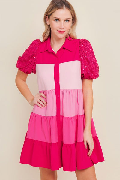 Pink Color Blocked Shirt Dress With Sequin Sleeves