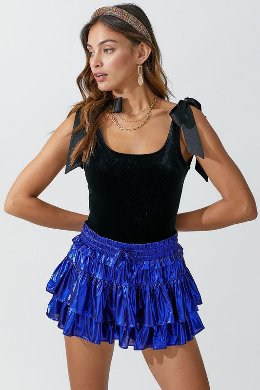 Satin Shoulder Tie Velvet Body Suit- Black
