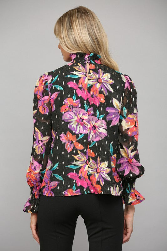 Floral Chiffon High Neck Top- Black Multi