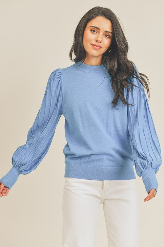 Textured Puff Sleeve Sweater- Cloud Blue