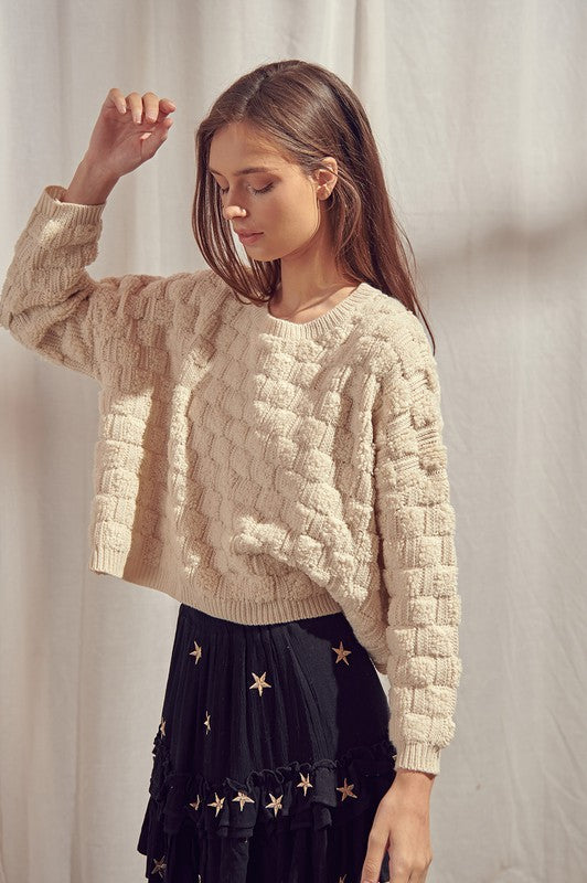 Textured Grid Crop Sweater- Ivory