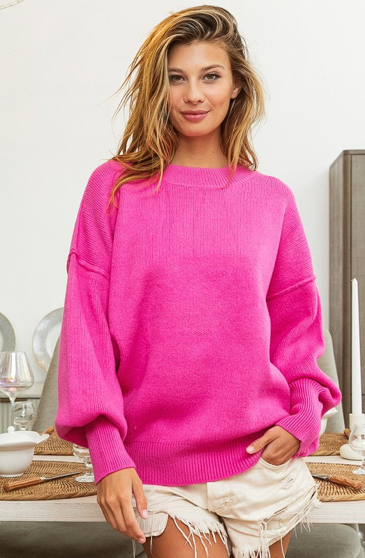 Loose Fit Casual Sweater- Hot Pink
