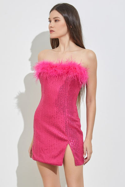 Hot Pink Sequin Dress with Feather Trim