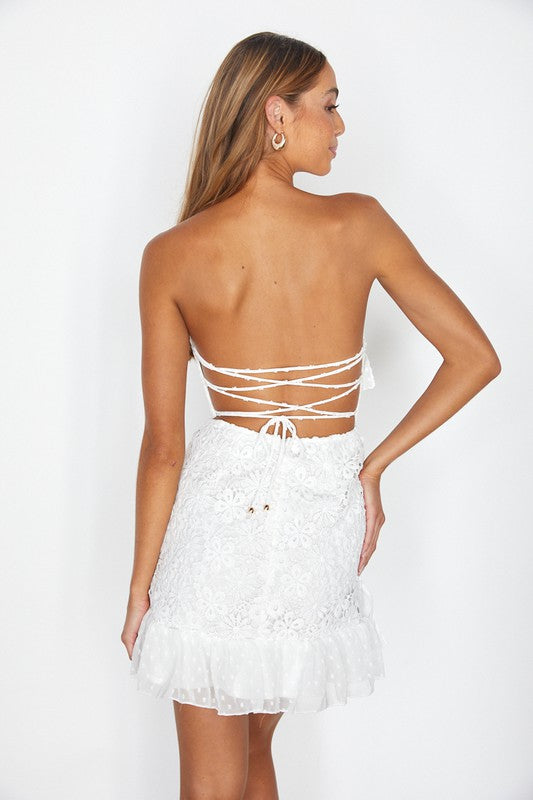 White Strapless Lace Dress with Lace Up Back