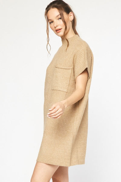 Mock Neck Sweater Dress- Tan