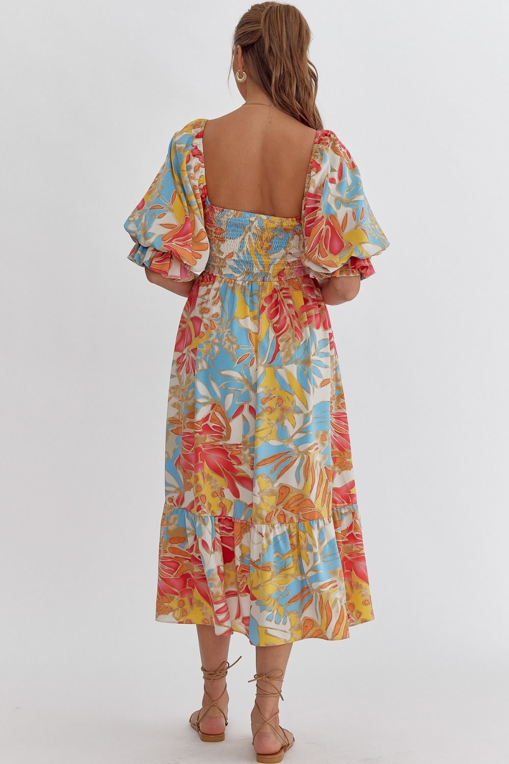 Tropical Print Midi Dress- Pink/Blue Combo