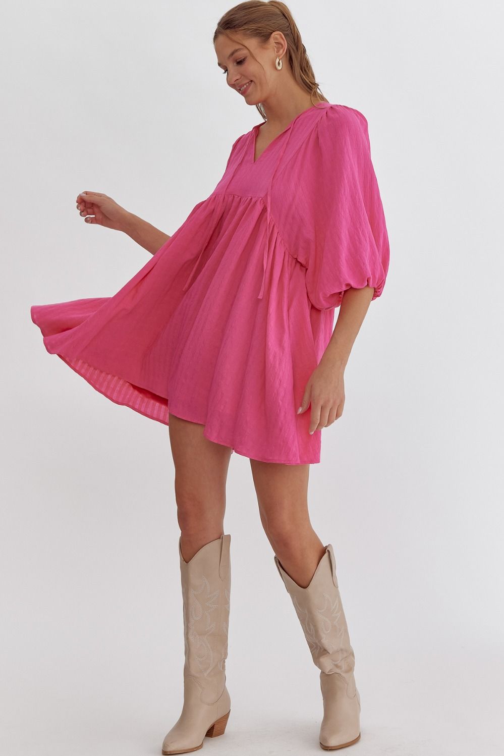 Textured Half Sleeve Mini Dress- Hot Pink