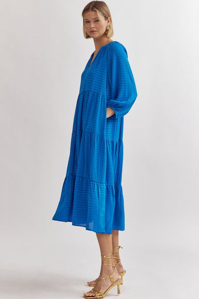 Grid Texture Midi Dress-Cobalt