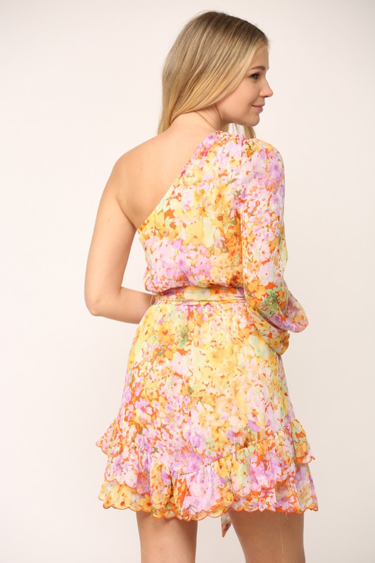 Floral Print One Shoulder Dress