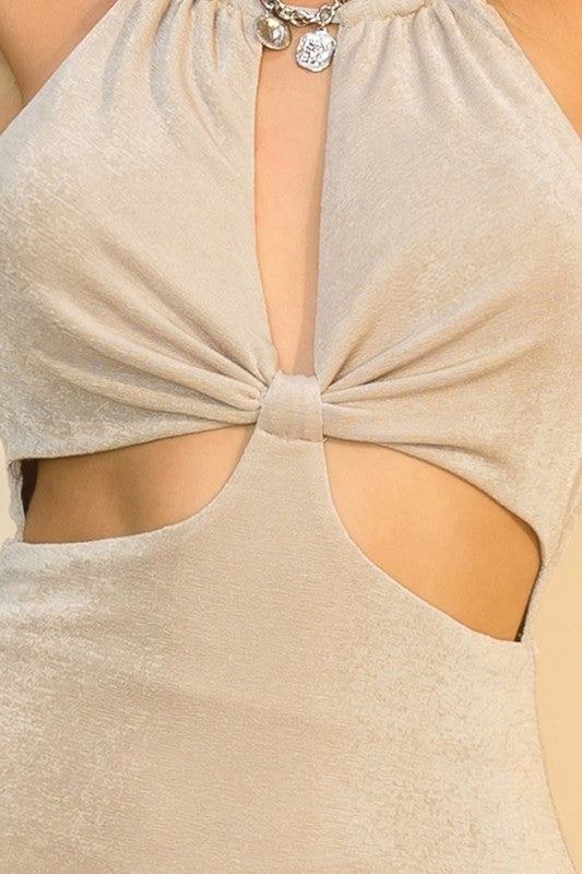 Halter Neck Cut Out Dress- Champagne