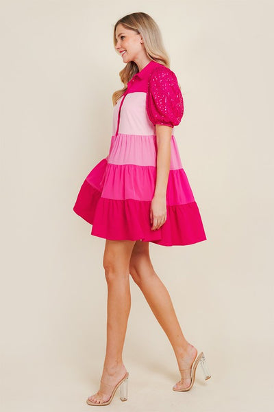Pink Color Blocked Shirt Dress With Sequin Sleeves