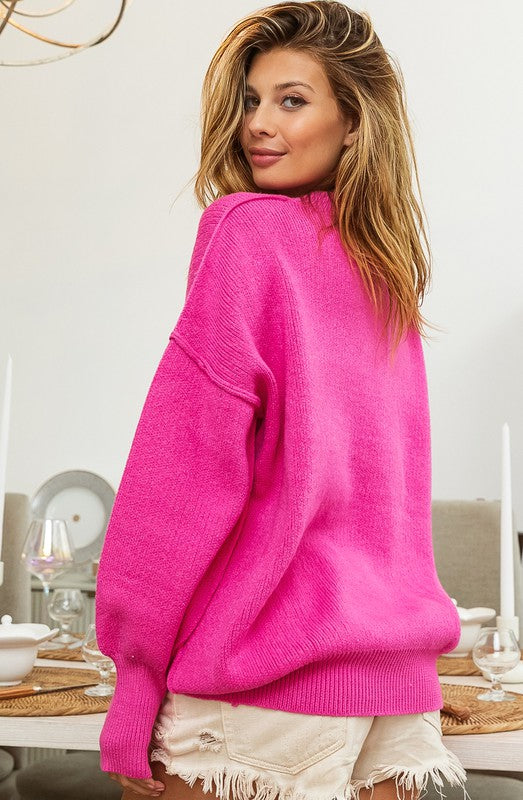 Loose Fit Casual Sweater- Hot Pink