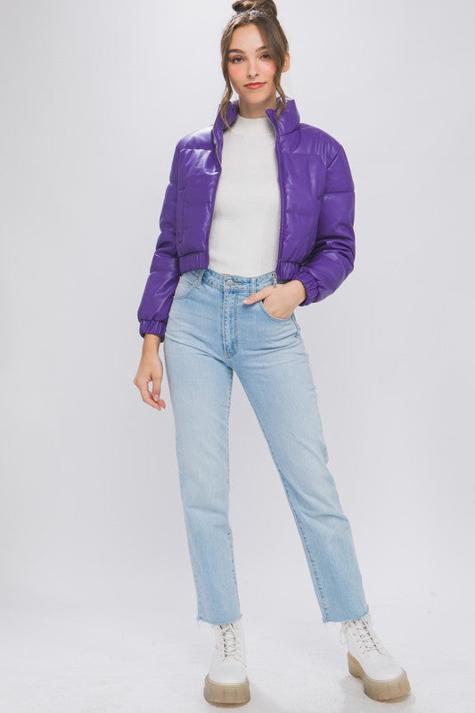 Purple Cropped Puffer Jacket