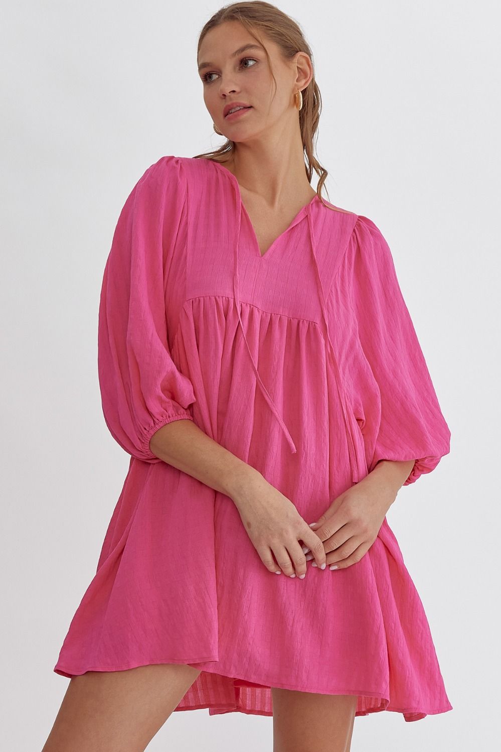 Textured Half Sleeve Mini Dress- Hot Pink