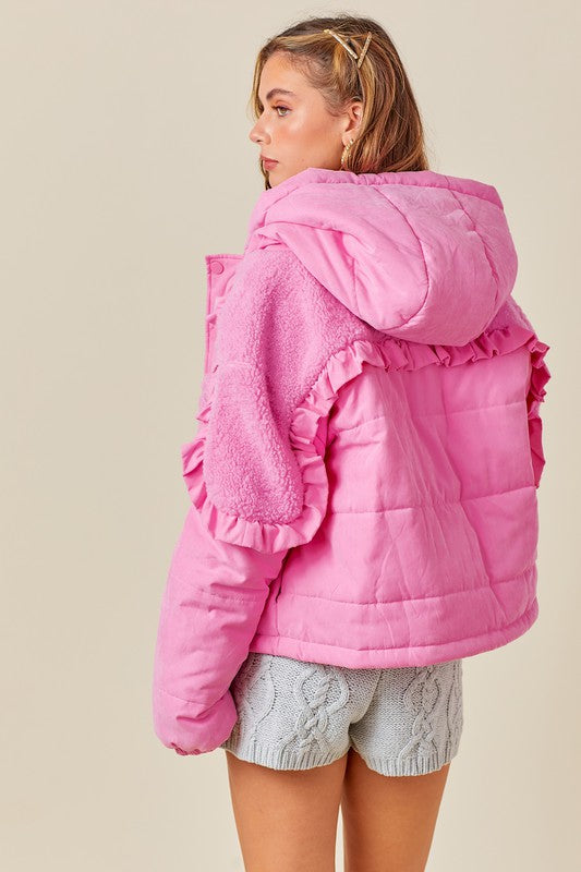 Ruffles and Sherpa Pink Puffer Jacket
