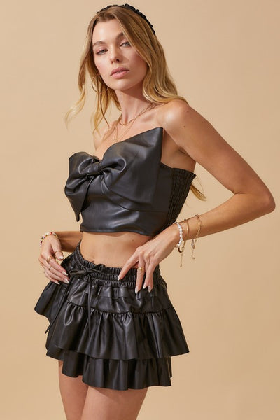 Black Faux Leather Bow Front Crop