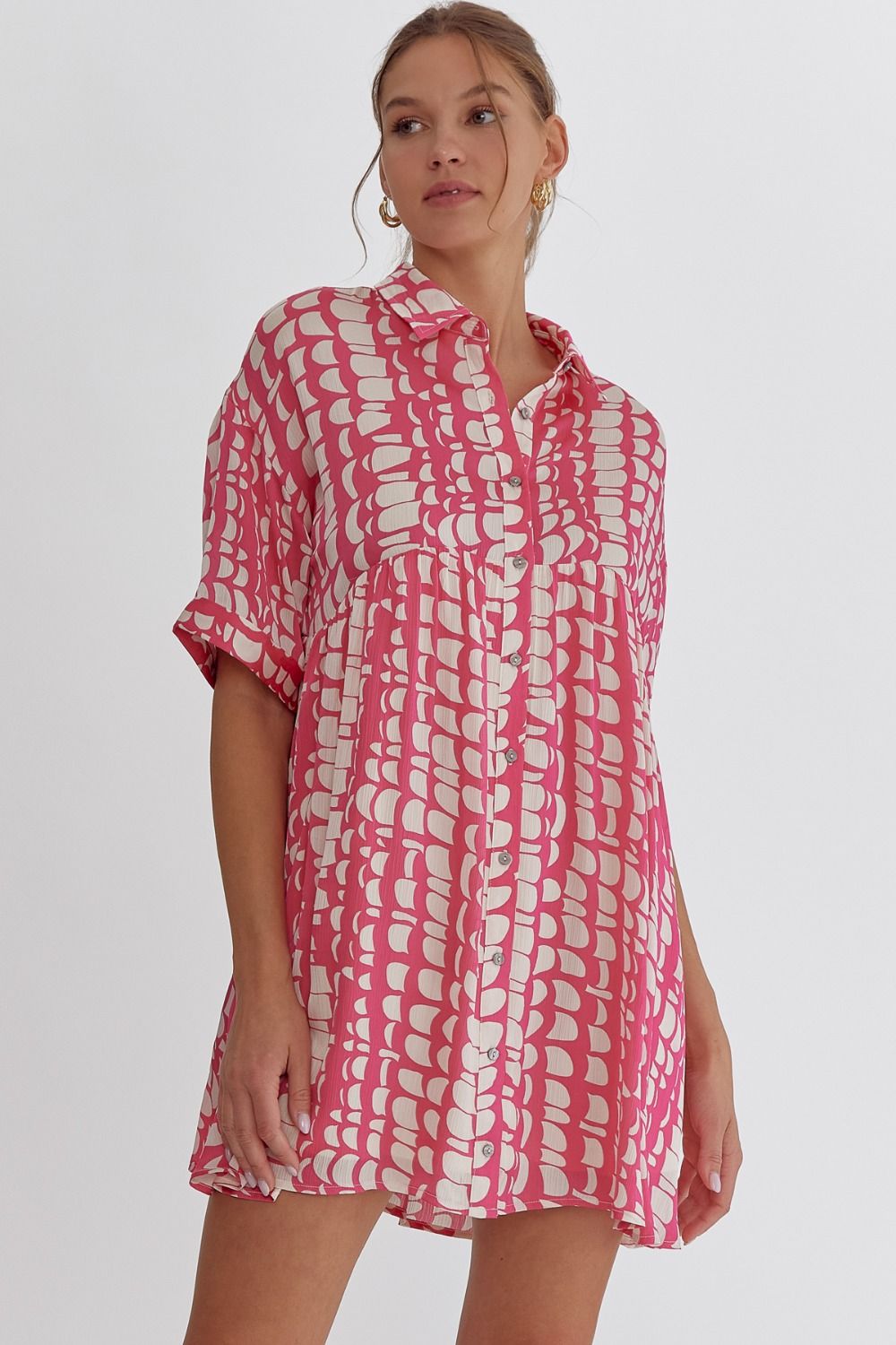 Textured Satin Print Mini Dress- Hot Pink