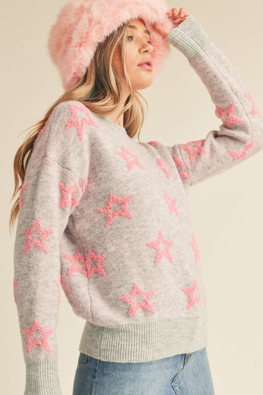 Fuzzy Star Sweater-Grey/Pink