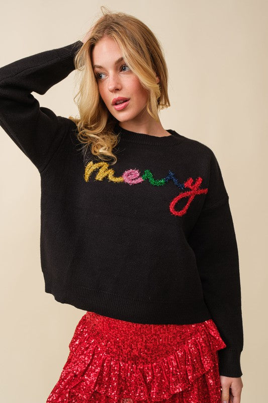 MERRY Multi Colored Tinsel Sweater- Black