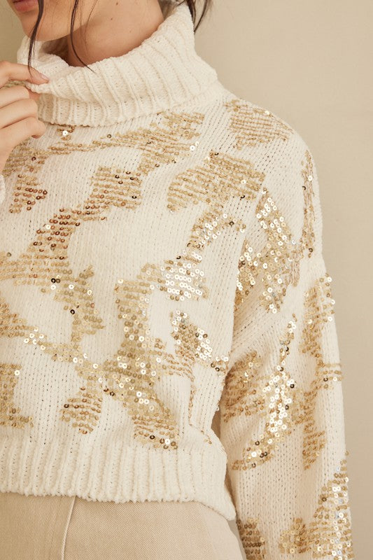 Sequin Embellished Turtleneck  Crop Sweater