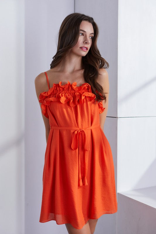 Ruffle Bodice Mini Dress-Bright Orange