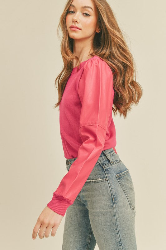 Faux Leather Sleeve Sweater- Bright Pink