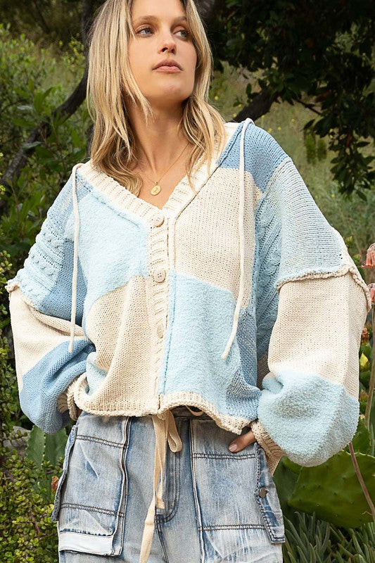 Contrast Knit Color Block Hoodie Sweater- Sky Blue