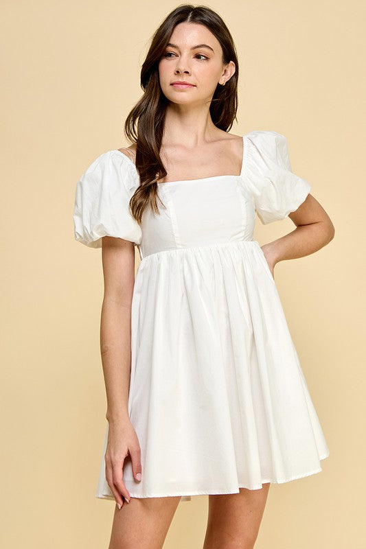 Bubble Sleeve Babydoll Dress- White
