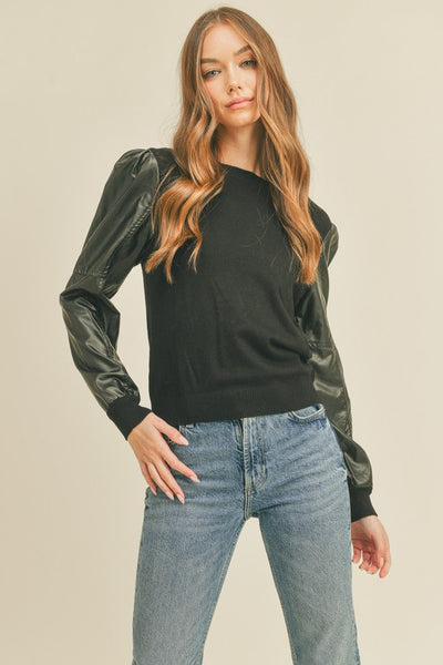 Faux Leather Sleeve Sweater- Black