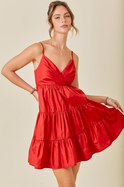 Overlapped Bodice Halter Dress- Red