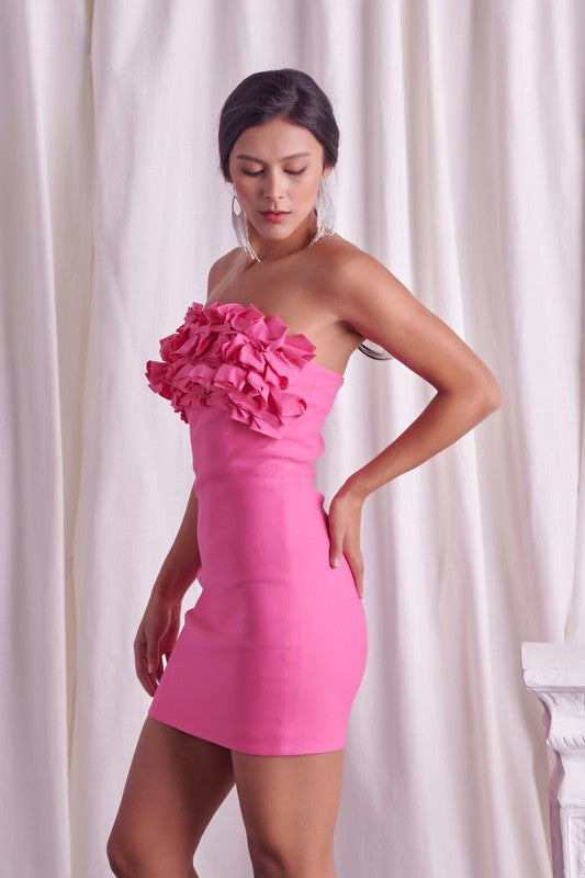 Rosette Trimmed Strapless Dress-Doll Pink