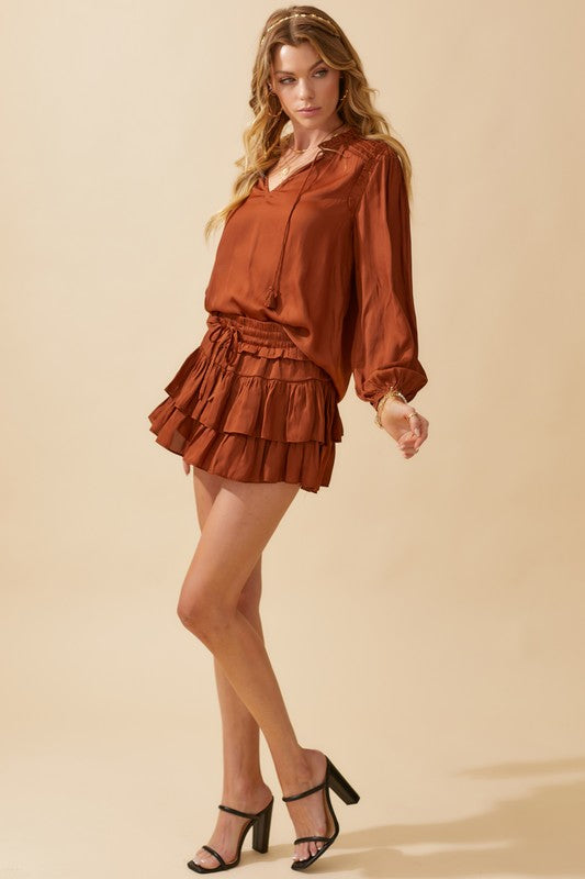 Satin Long Sleeve top with Smocked Detail-Chocolate Brown
