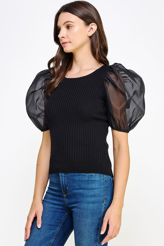 Sheer Puff Sleeve Ribbed Sweater- Black