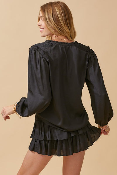 Satin Long Sleeve top with Smocked Detail-Black