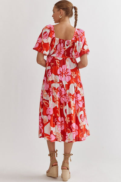 Pink and Red Floral Midi Dress