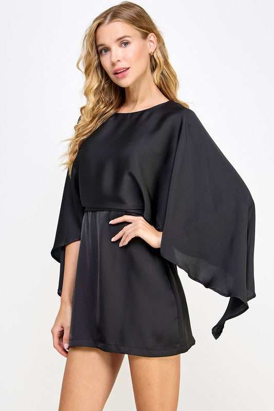 Cape Style Satin Mini Dress- Black
