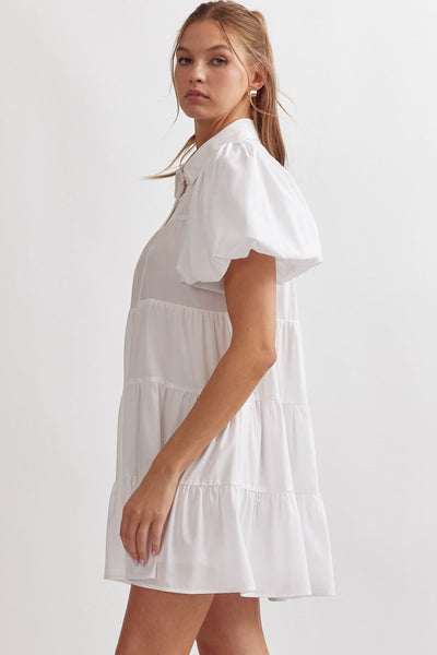 Button Up Tiered Mini Dress- White