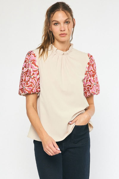 Embroidered Puff Sleeve Top-Natural