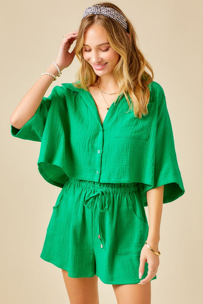 Cropped Button Down- Kelly Green