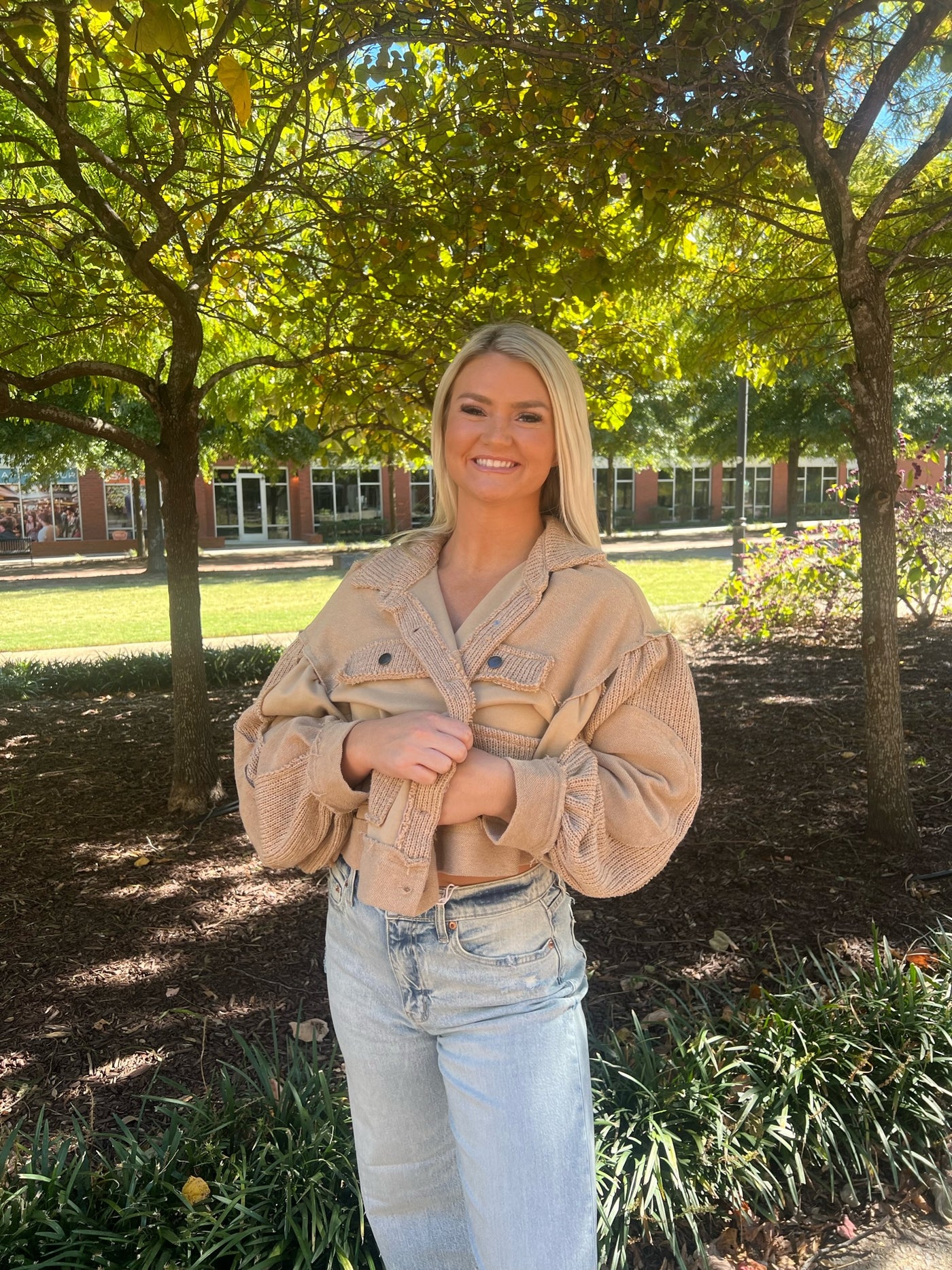 Mixed Fabric French Terry Jacket- Latte