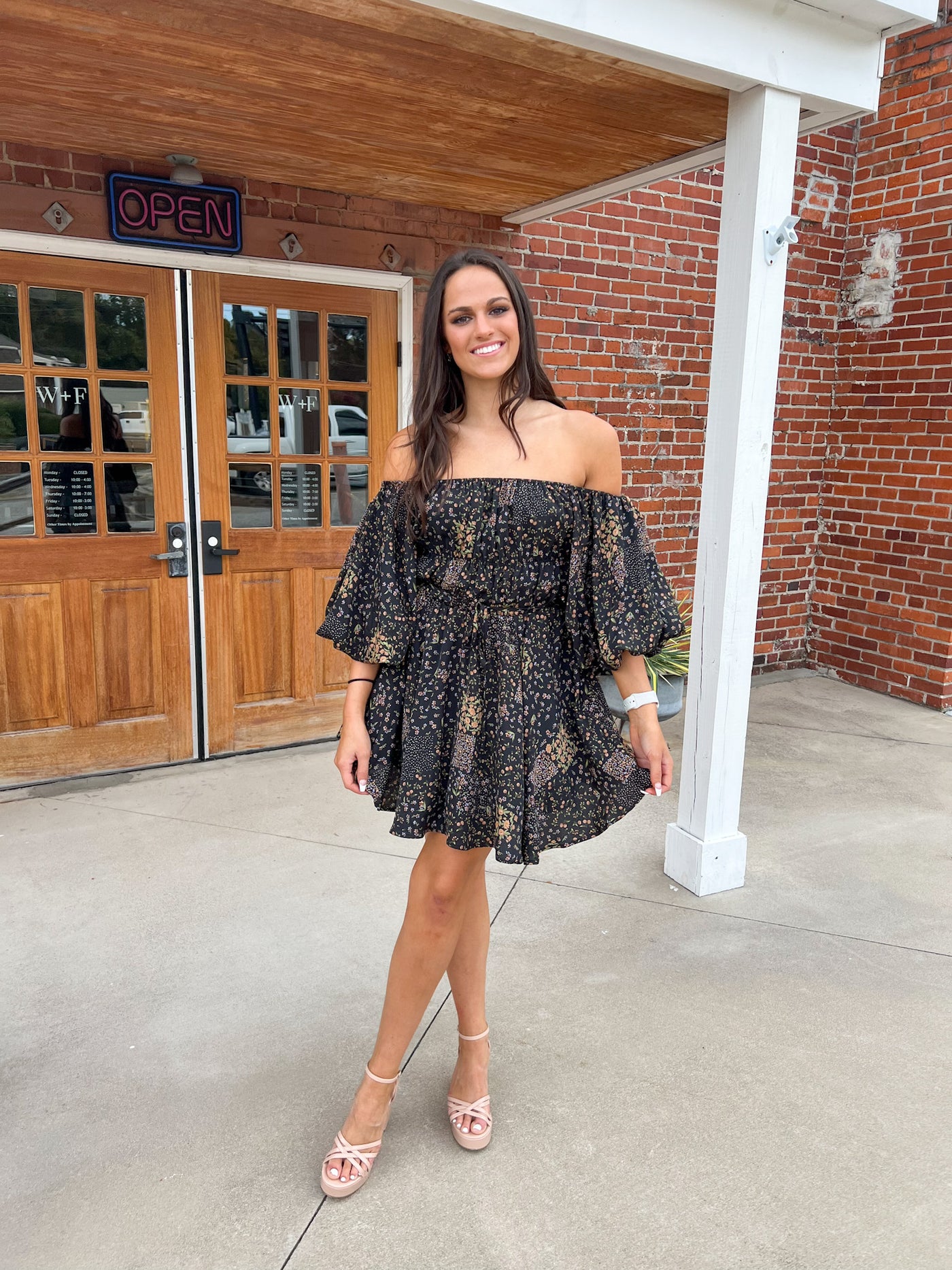 Black Floral Bubble Sleeve Mini Dress