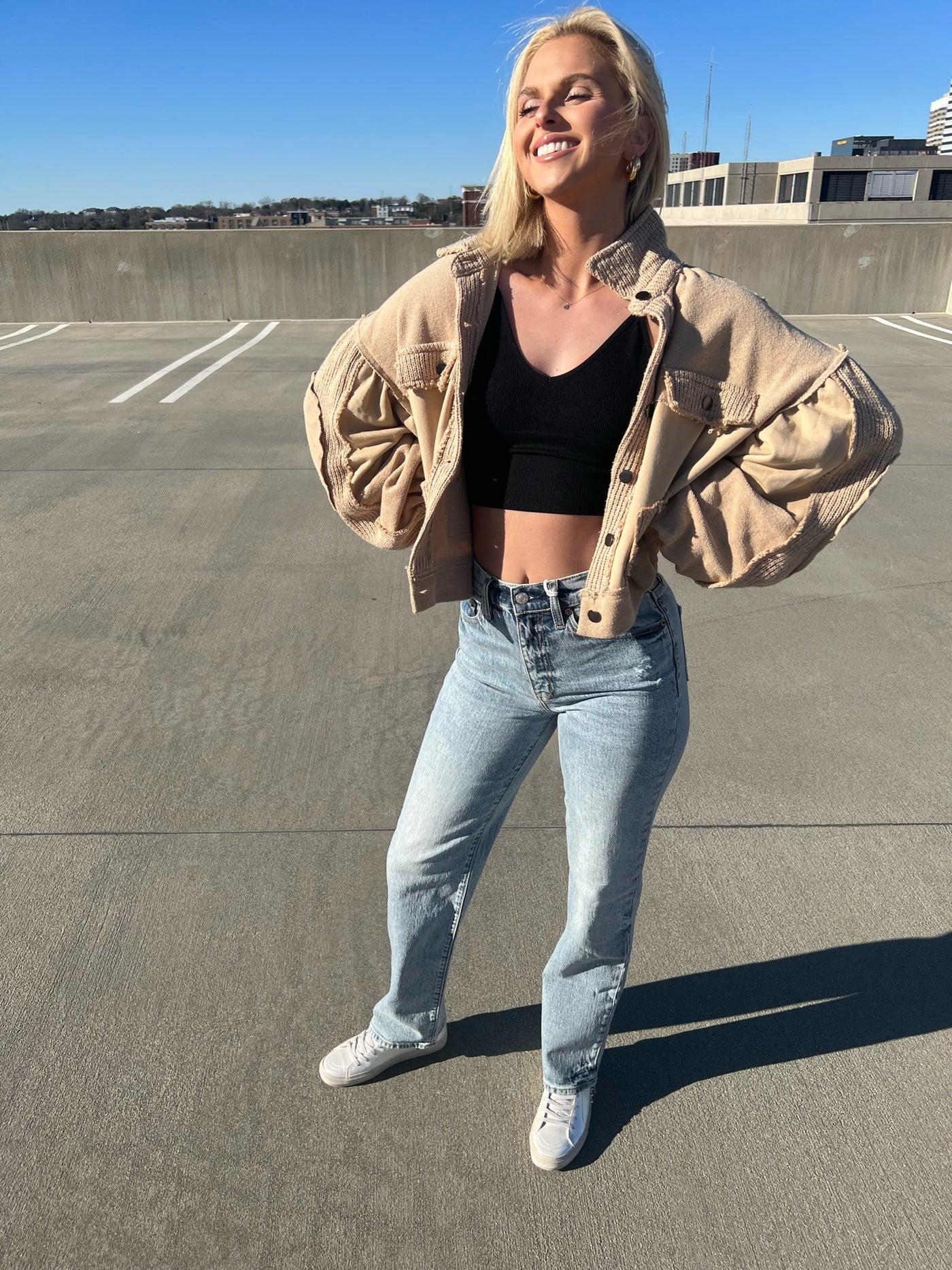 Mixed Fabric French Terry Jacket- Latte