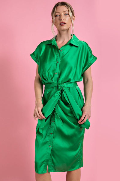 Satin Belted Shirt Dress- Kelly Green
