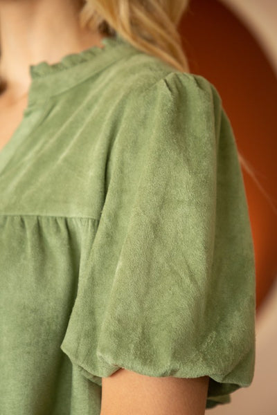 Bubble Sleeve Faux Suede Top- Soft Green