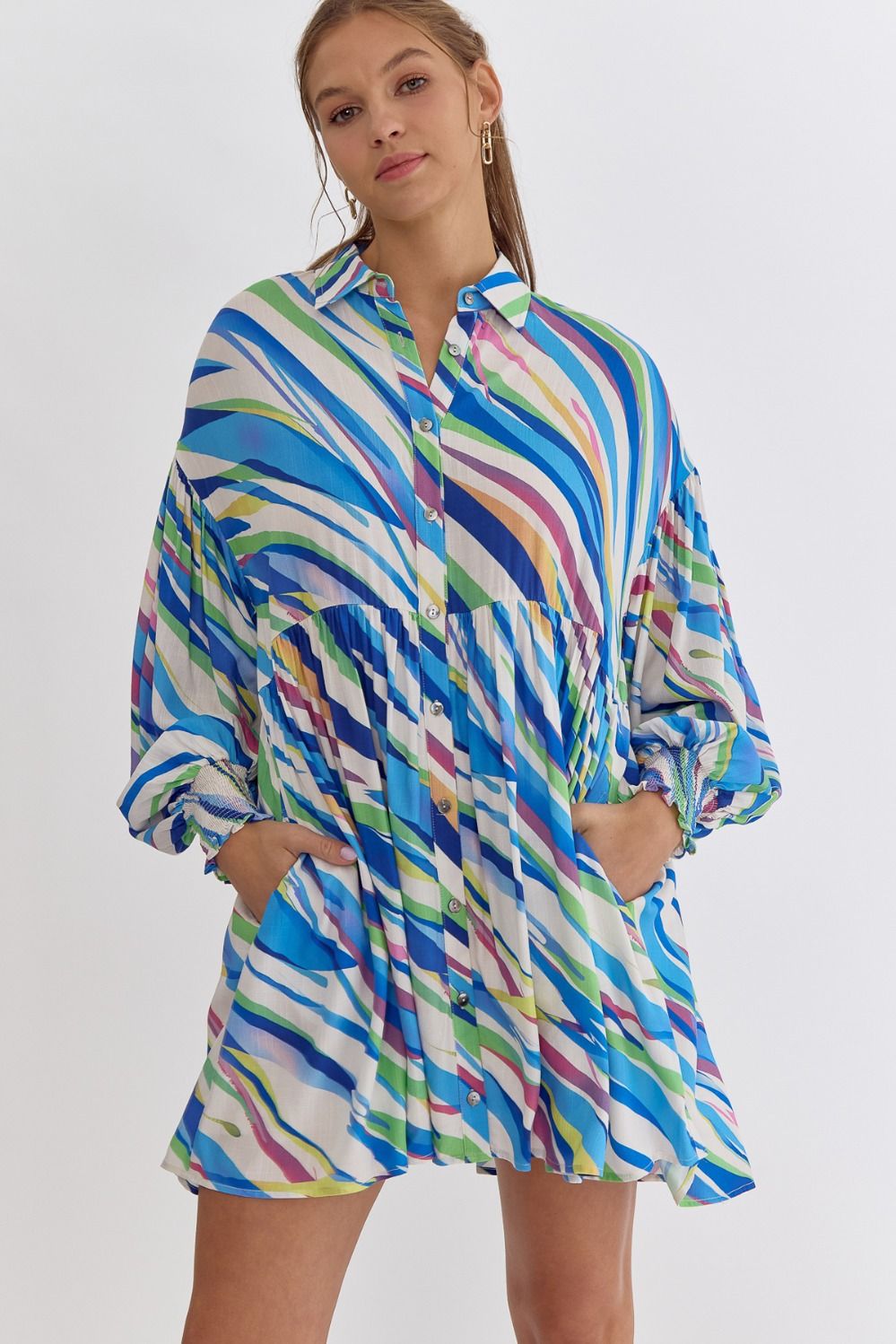 Brushstroke Printed Shirt Dress- Royal Blue Combo